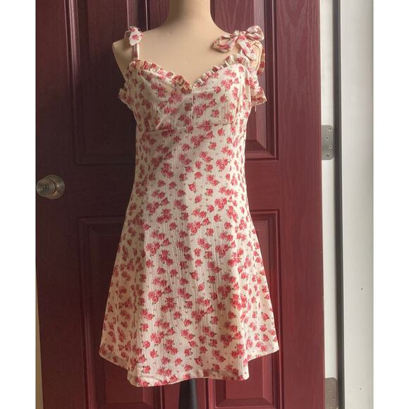 Showpo Mini Dress 8 White Pink Roses Tie Strap Lined Floral Summer Australia - Picture 1 of 10